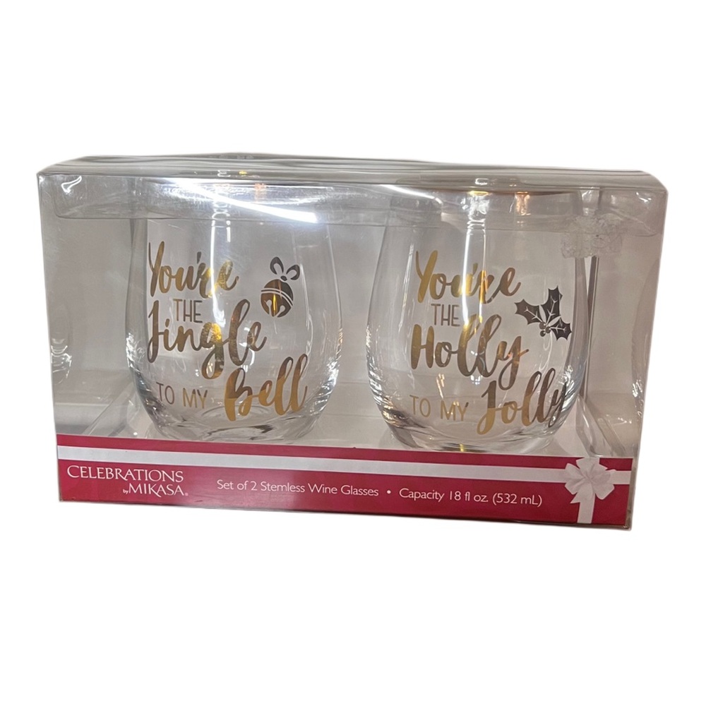 NIB Mikasa Celebrations Holiday Stemless Wine Glasses Set of 2 Gold 18 oz